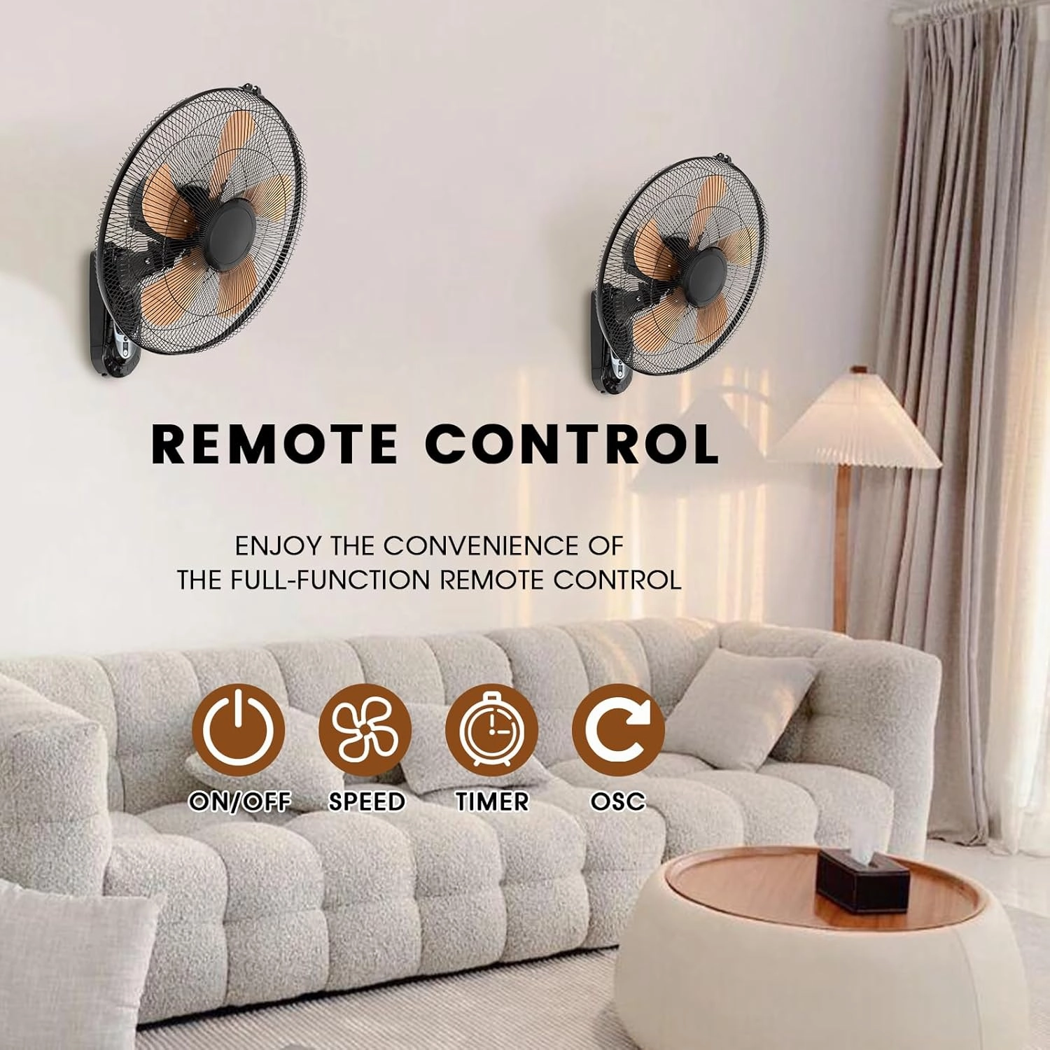 Wall Mount Fan with Remote Control Wall Mounted Oscillating Fan with 3 Speed Settings,18 Inch Adjustable Tilt and Timing for Bedroom,Gold 2 Pack