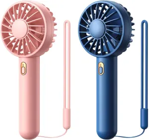 Warmco Mini Portable Fan 2-Pack - 3 Speed Rechargeable Handheld & Desk Fan with Base, Compact Cooling for Travel, Makeup, Summer Gift (Blue & Pink) Mini handheld fan for personal cooling