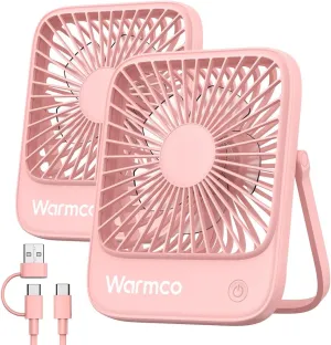 Warmco USB Desk Fan 2Pack, USB C Corded Powered Fan, Strong Airflow Quiet Operation, 3 Speeds Wind Small USB Desktop Fan With 180 Tilt Folding for Office Table Home Pink(No battery) USB desktop fan for workspace