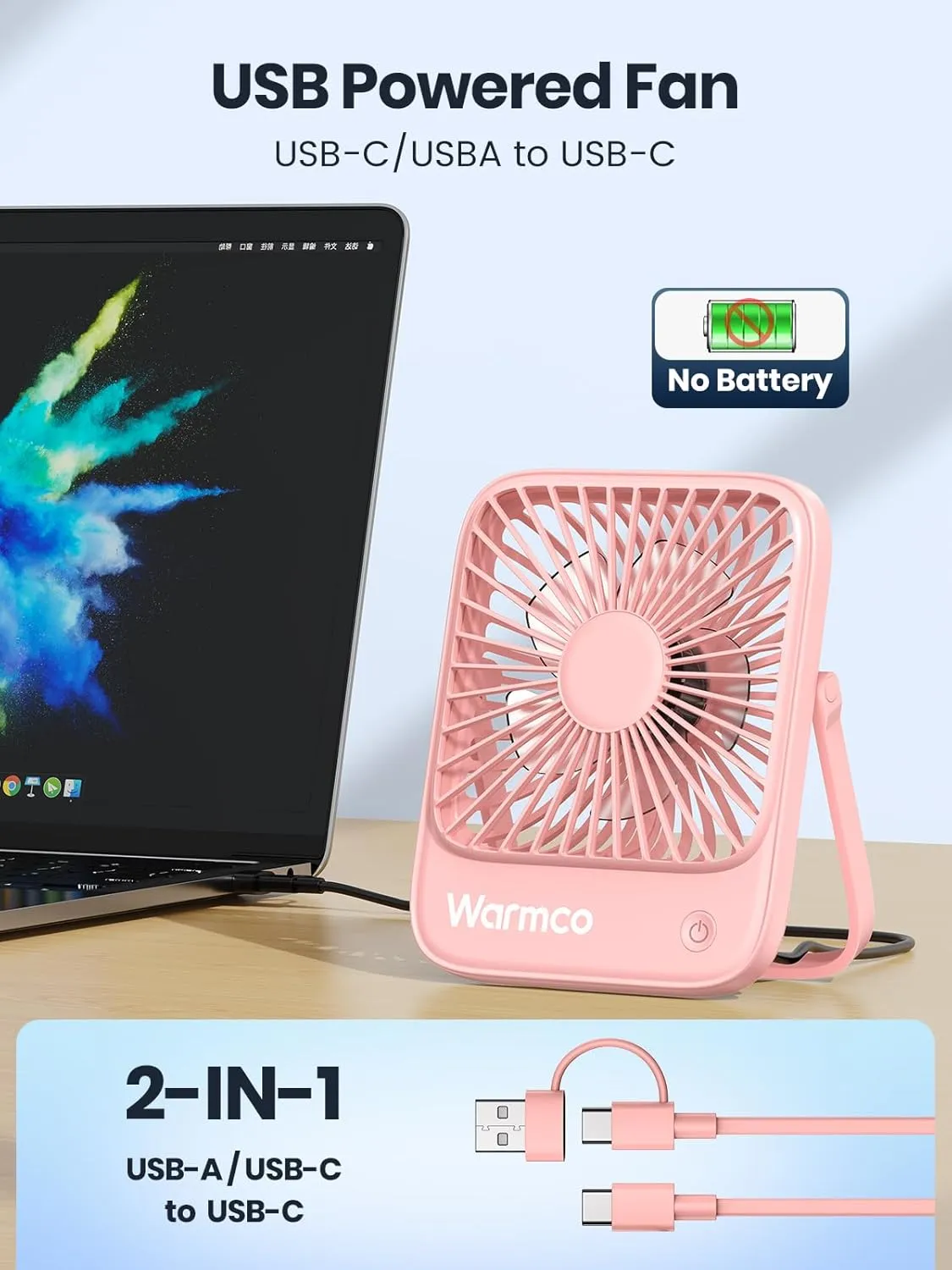 Warmco USB Desk Fan 2Pack, USB C Corded Powered Fan, Strong Airflow Quiet Operation, 3 Speeds Wind Small USB Desktop Fan With 180 Tilt Folding for Office Table Home Pink(No battery)