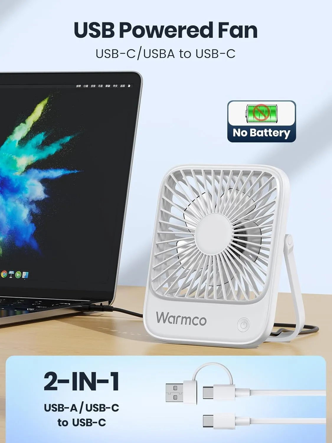 Warmco USB Desk Fan 2Pack, USB C Corded Powered Fan, Strong Airflow Quiet Operation, 3 Speeds Wind Small USB Desktop Fan With 180 Tilt Folding for Office Table Home White(No battery)