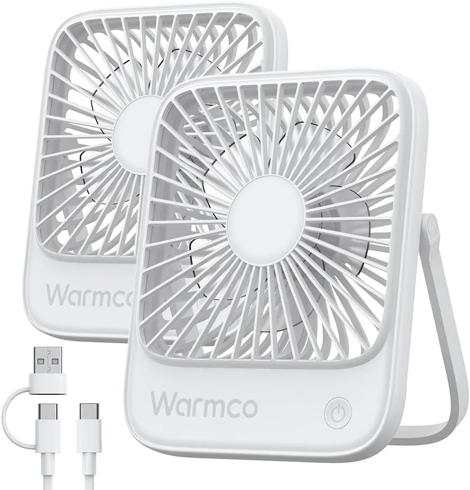 Warmco USB Desk Fan 2Pack, USB C Corded Powered Fan, Strong Airflow Quiet Operation, 3 Speeds Wind Small USB Desktop Fan With 180 Tilt Folding for Office Table Home White(No battery) USB desktop fan for workspace