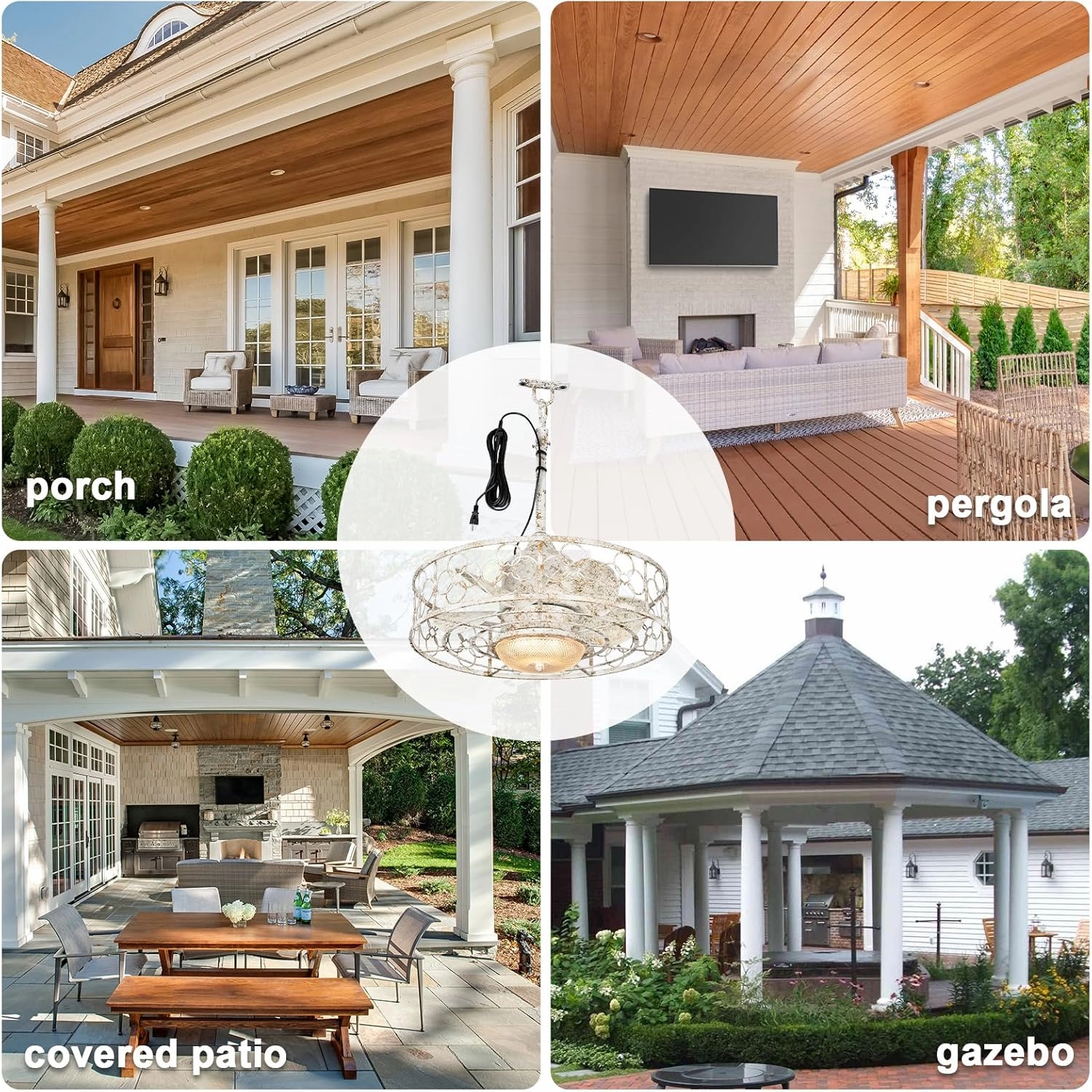 Waterproof Outdoor Ceiling Fan with Light 20" Caged Outdodor Gazebo Fan Hanging with Plug-in Cord, Dimmable LED, Remote APP Control, 6 Speeds for Patios Pergola Porch (White)