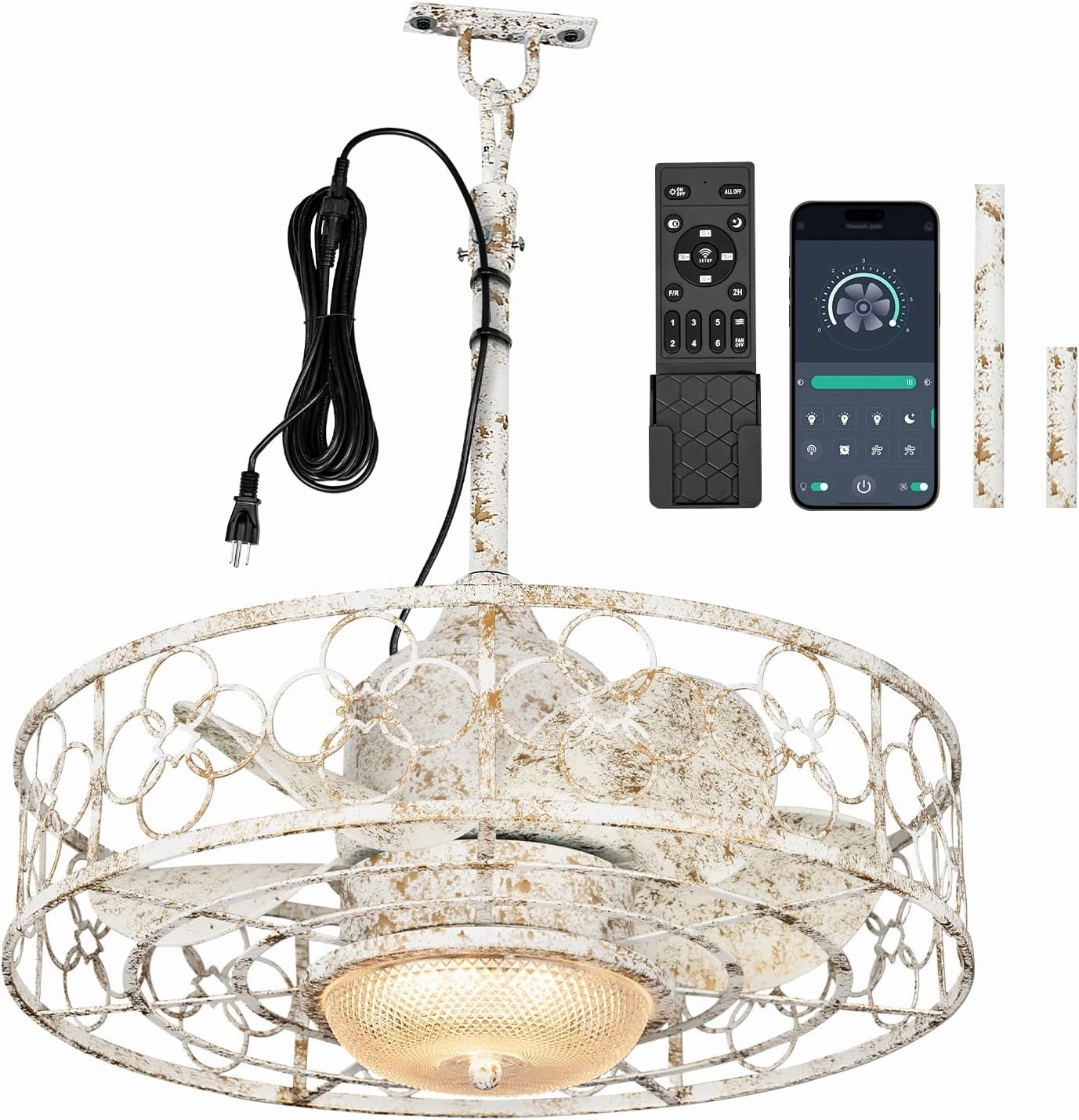 Waterproof Outdoor Ceiling Fan with Light 20" Caged Outdodor Gazebo Fan Hanging with Plug-in Cord, Dimmable LED, Remote APP Control, 6 Speeds for Patios Pergola Porch (White) App-controlled remote fan for convenience