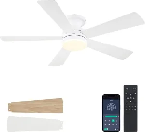 White Ceiling Fans with Lights - 46" Flush Mount Low Profile Ceiling Fan Light with 5 Double-Sided Blades, 6 Speeds 3CCT Reversible Motor, Modern Ceiling Fan for Indoor/Outdoor Patios App-controlled remote fan for convenience