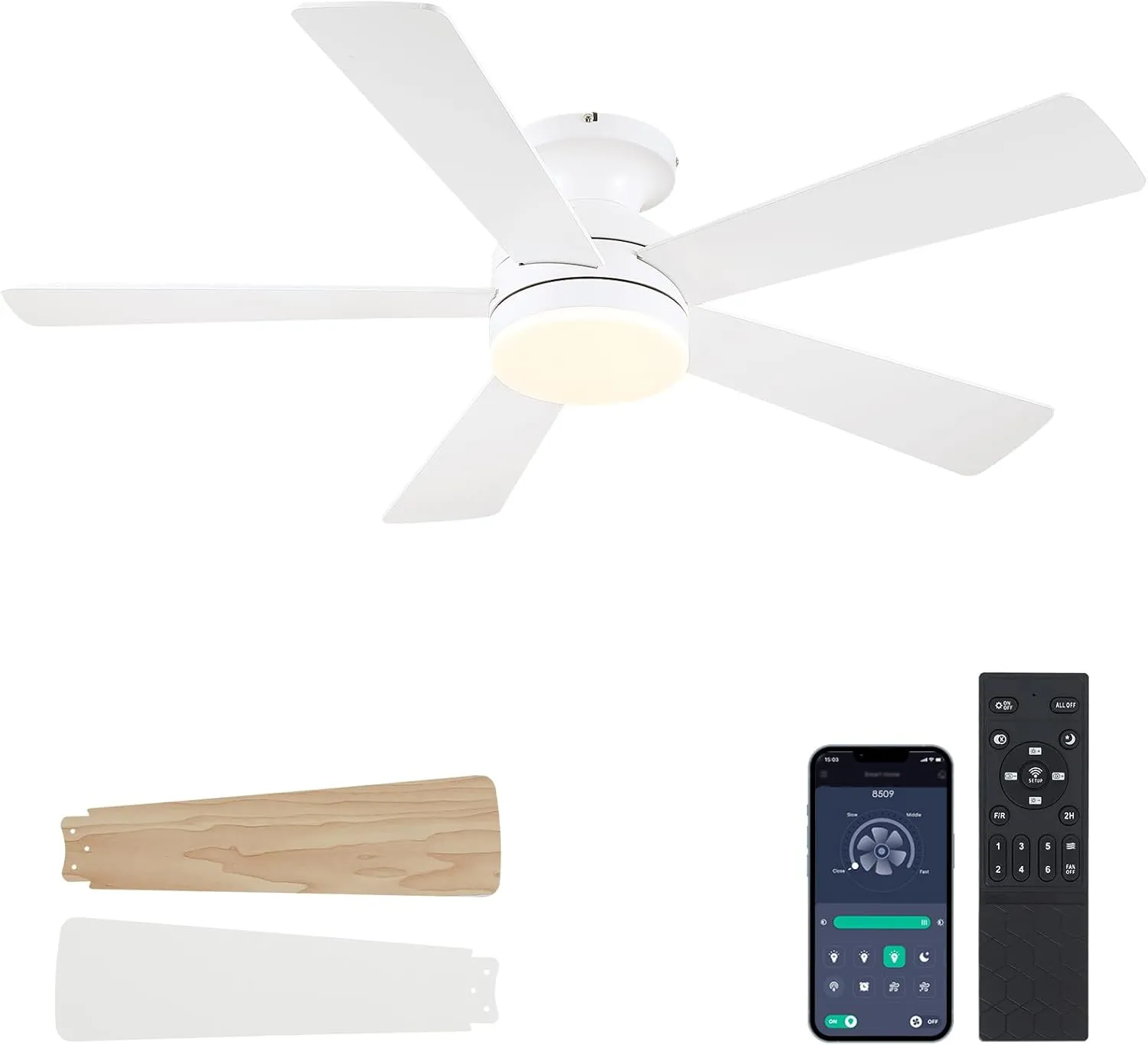 White Ceiling Fans with Lights - 46" Flush Mount Low Profile Ceiling Fan Light with 5 Double-Sided Blades, 6 Speeds 3CCT Reversible Motor, Modern Ceiling Fan for Indoor/Outdoor Patios App-controlled remote fan for convenience