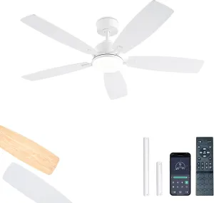 White Ceiling Fans with Lights, 52 Inch Low Profile Ceiling Fan with Light and Remote/App Control, Dual-Sided Blades, Reversible, 3CCT, Dimmable, Modern Ceiling Fan for Indoor/Outdoor Patios App-controlled remote fan for convenience