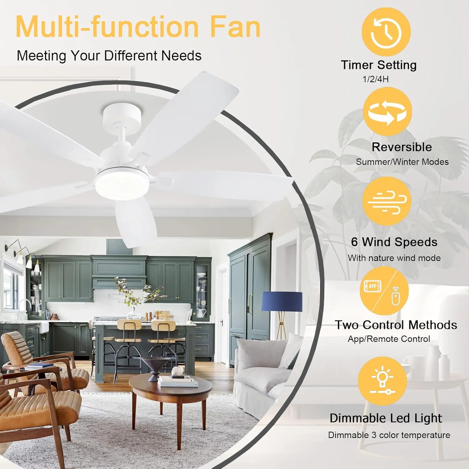 White Ceiling Fans with Lights, 52 Inch Low Profile Ceiling Fan with Light and Remote/App Control, Dual-Sided Blades, Reversible, 3CCT, Dimmable, Modern Ceiling Fan for Indoor/Outdoor Patios