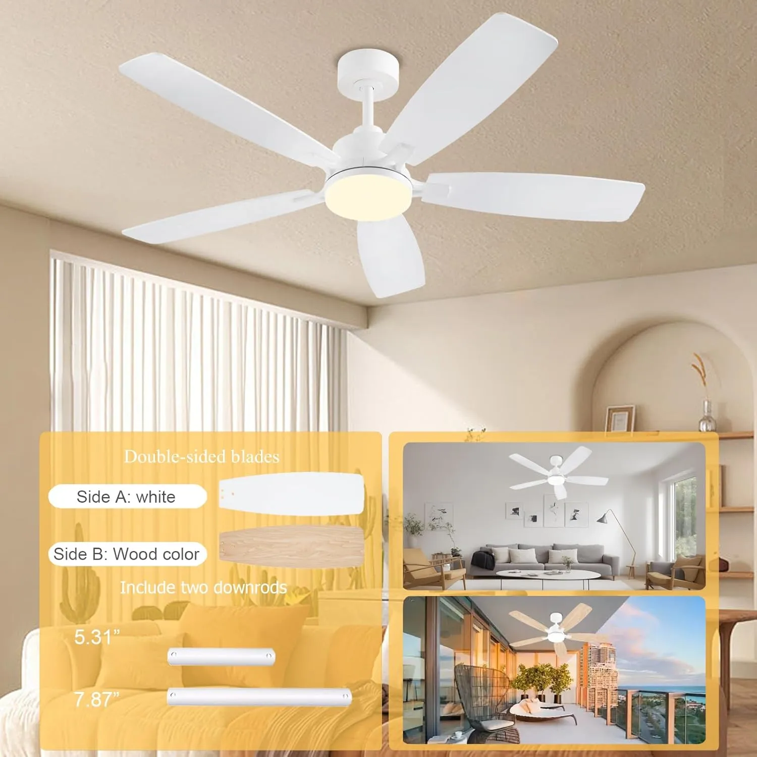 White Ceiling Fans with Lights, 52 Inch Low Profile Ceiling Fan with Light and Remote/App Control, Dual-Sided Blades, Reversible, 3CCT, Dimmable, Modern Ceiling Fan for Indoor/Outdoor Patios