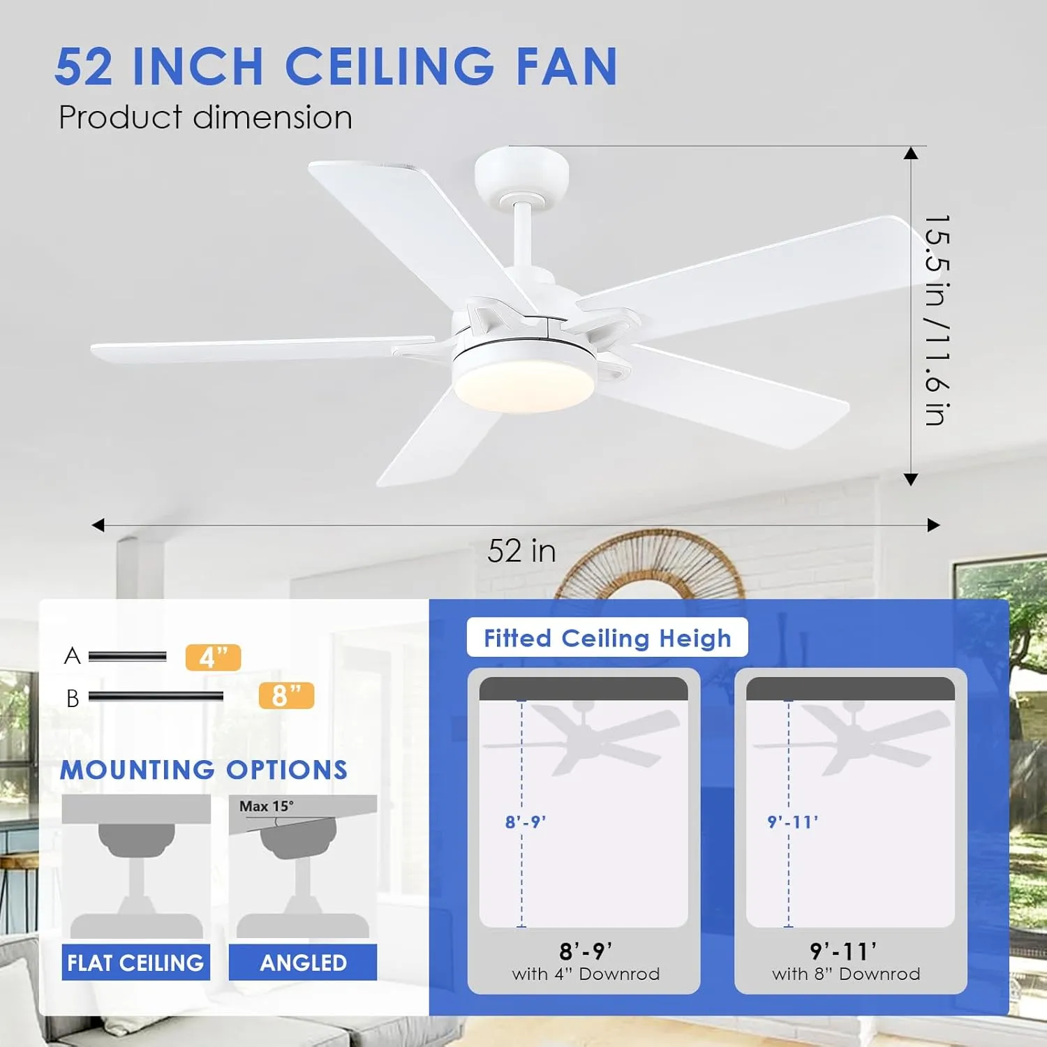 White Ceiling Fans with Lights - 52 Inch Low Profile Ceiling Fan with Remote/APP Control, 3CCT Dimmable LED Light, 6 Speeds Reversible, Modern Ceiling Fan Lights for Indoor/Outdoor Use