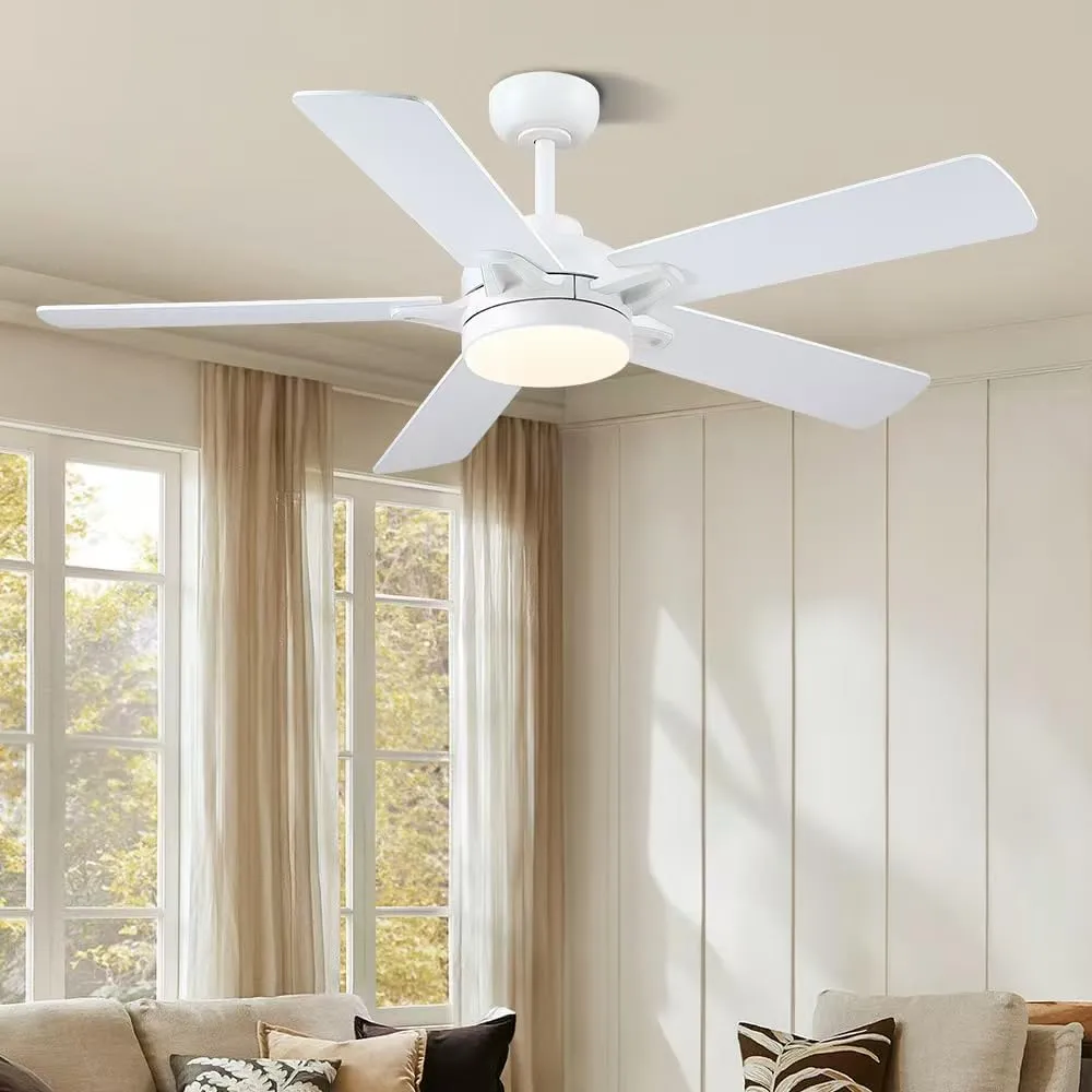 White Ceiling Fans with Lights - 52 Inch Low Profile Ceiling Fan with Remote/APP Control, 3CCT Dimmable LED Light, 6 Speeds Reversible, Modern Ceiling Fan Lights for Indoor/Outdoor Use