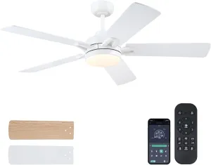 White Ceiling Fans with Lights - 52 Inch Low Profile Ceiling Fan with Remote/APP Control, 3CCT Dimmable LED Light, 6 Speeds Reversible, Modern Ceiling Fan Lights for Indoor/Outdoor Use App-controlled remote fan for convenience