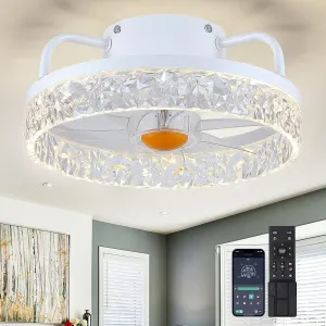 White Ceiling Fans with Lights and Remote - Low Profile Flush Mount Ceiling Fans - 13 Modern Bladeless Enclosed Ceiling Fans with Led Light and Stepless Dimming, White Small Ceiling Fan for Bedroom Small bladeless fan for quiet cooling
