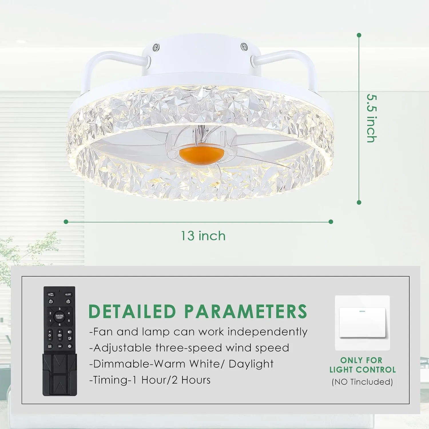 White Ceiling Fans with Lights and Remote - Low Profile Flush Mount Ceiling Fans - 13 Modern Bladeless Enclosed Ceiling Fans with Led Light and Stepless Dimming, White Small Ceiling Fan for Bedroom