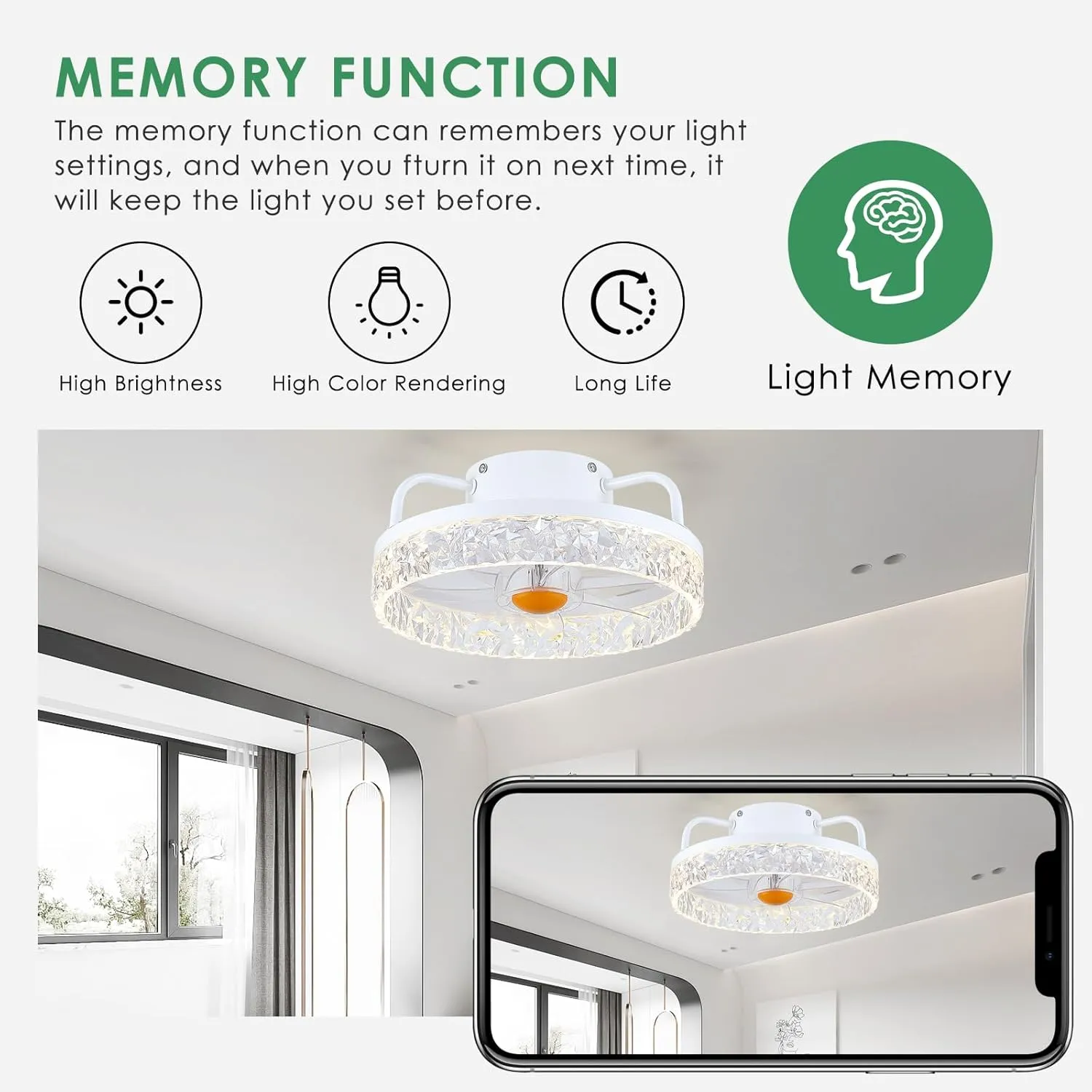White Ceiling Fans with Lights and Remote - Low Profile Flush Mount Ceiling Fans - 13 Modern Bladeless Enclosed Ceiling Fans with Led Light and Stepless Dimming, White Small Ceiling Fan for Bedroom