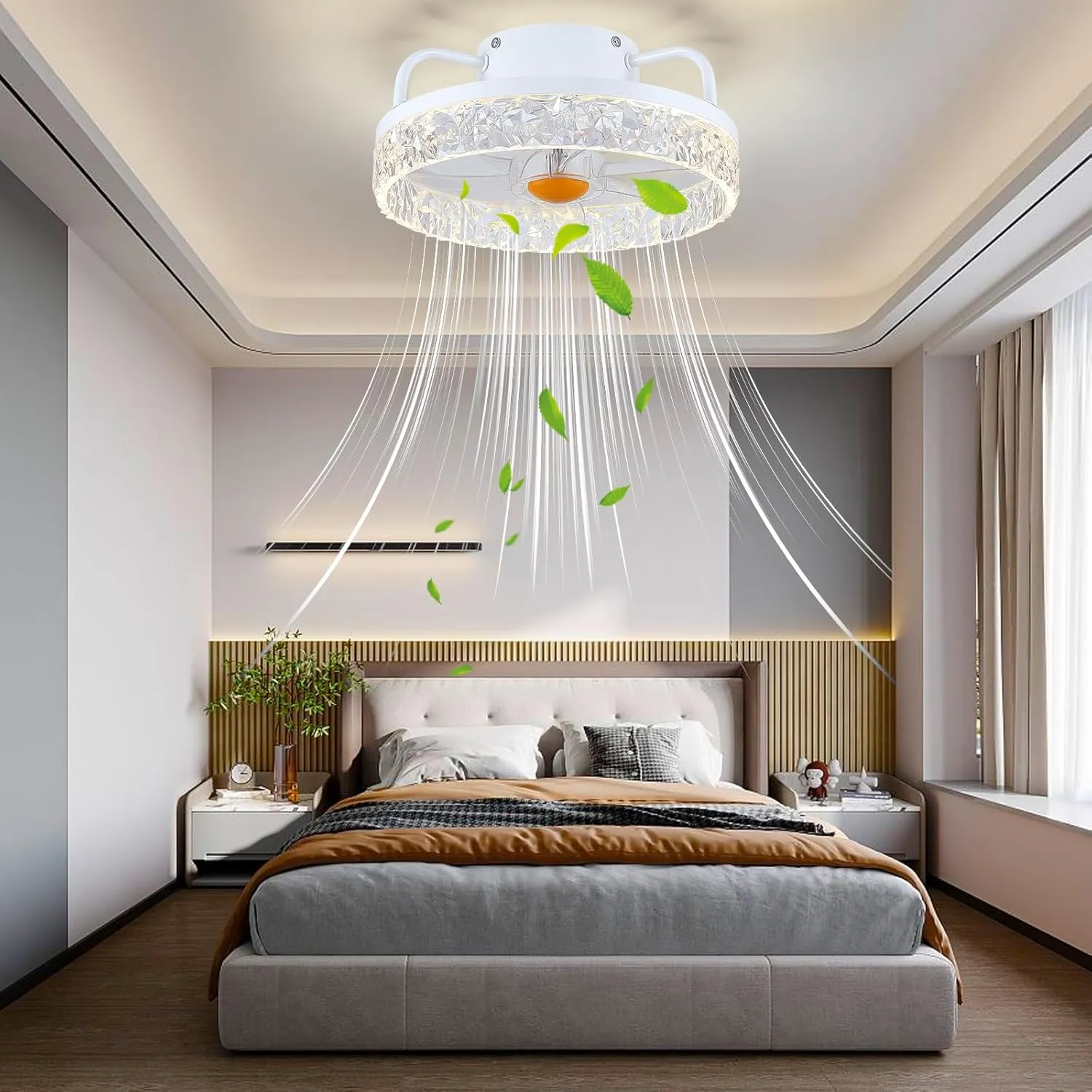 White Ceiling Fans with Lights and Remote - Low Profile Flush Mount Ceiling Fans - 13 Modern Bladeless Enclosed Ceiling Fans with Led Light and Stepless Dimming, White Small Ceiling Fan for Bedroom