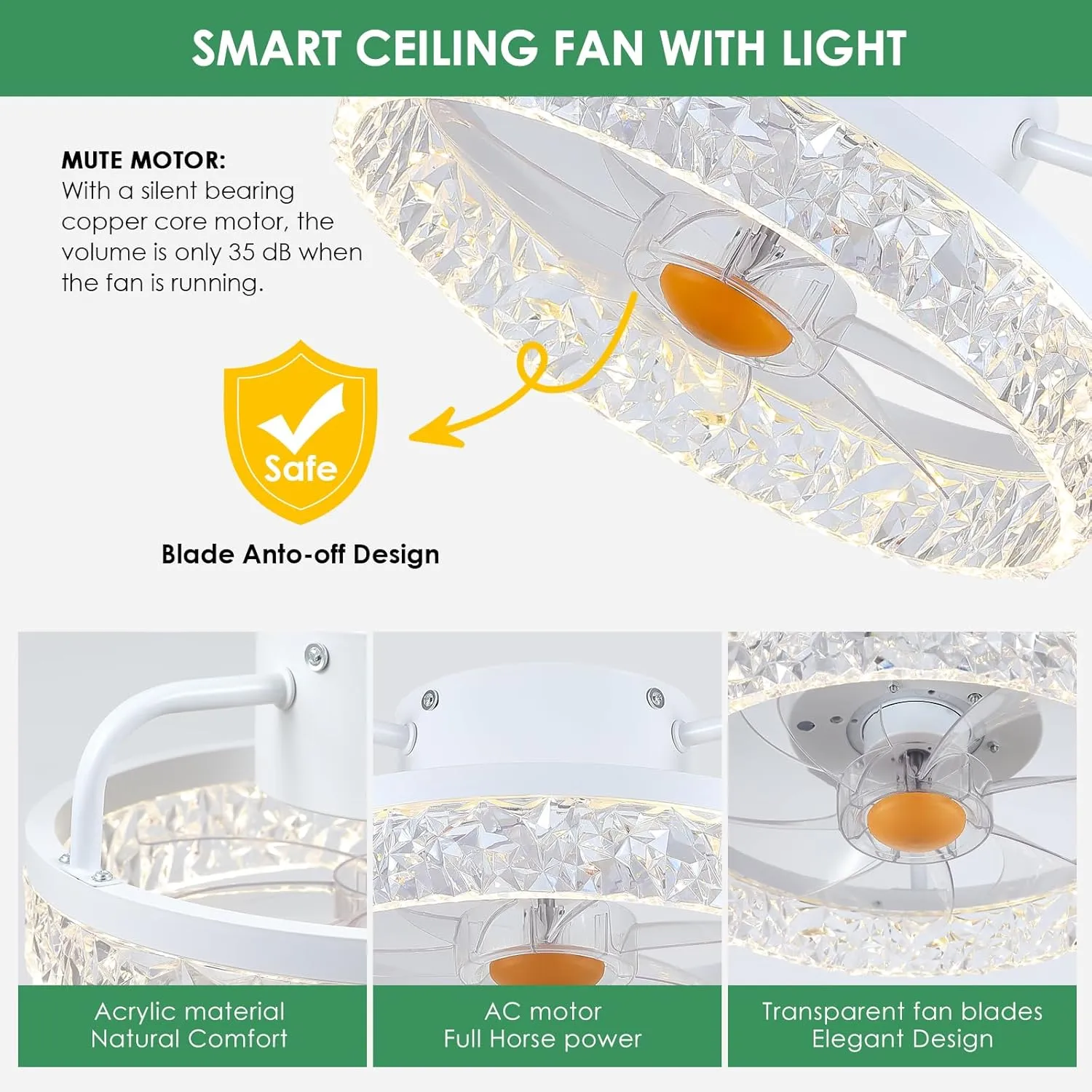 White Ceiling Fans with Lights and Remote - Low Profile Flush Mount Ceiling Fans - 13 Modern Bladeless Enclosed Ceiling Fans with Led Light and Stepless Dimming, White Small Ceiling Fan for Bedroom