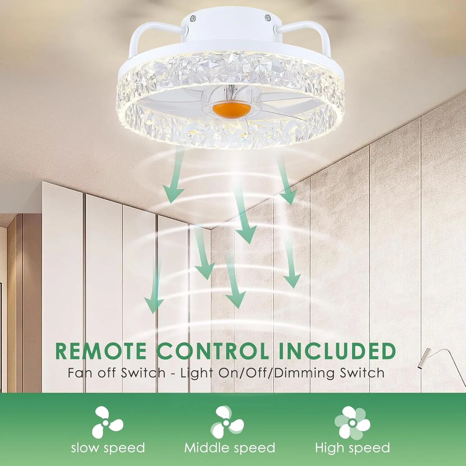 White Ceiling Fans with Lights and Remote - Low Profile Flush Mount Ceiling Fans - 13 Modern Bladeless Enclosed Ceiling Fans with Led Light and Stepless Dimming, White Small Ceiling Fan for Bedroom