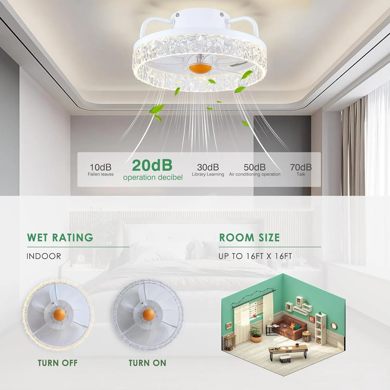 White Ceiling Fans with Lights and Remote - Low Profile Flush Mount Ceiling Fans - 13 Modern Bladeless Enclosed Ceiling Fans with Led Light and Stepless Dimming, White Small Ceiling Fan for Bedroom