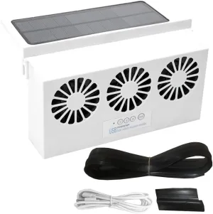 White Solar Power Car Exhaust Fan w/3 Air Outlet, Window Mount Car Radiator Cooling Fan for Car, Cooling Solar Auto Ventilation Fan Portable Safe Auto Air Vent Radiator Solar-powered car fan for ventilation