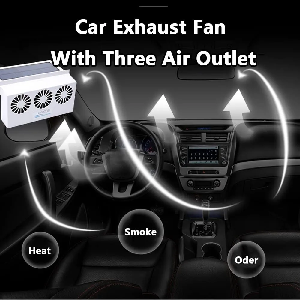 White Solar Power Car Exhaust Fan w/3 Air Outlet, Window Mount Car Radiator Cooling Fan for Car, Cooling Solar Auto Ventilation Fan Portable Safe Auto Air Vent Radiator