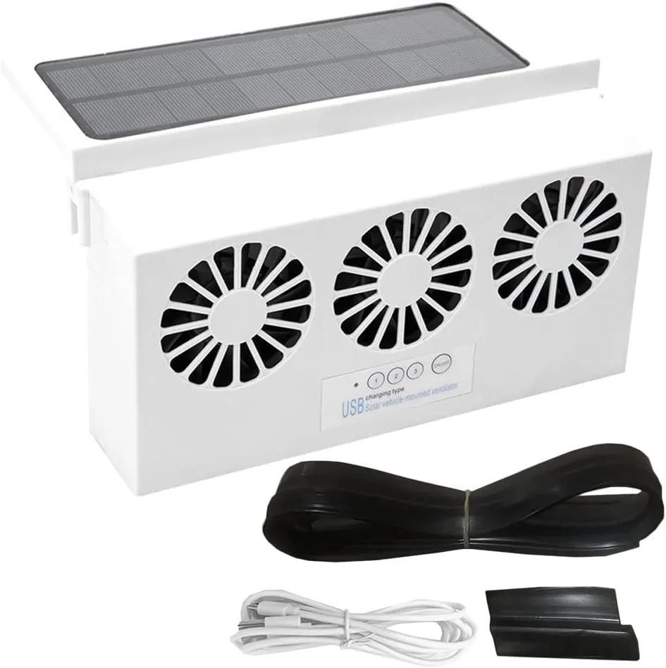 White Solar Power Car Exhaust Fan w/3 Air Outlet, Window Mount Car Radiator Cooling Fan for Car, Cooling Solar Auto Ventilation Fan Portable Safe Auto Air Vent Radiator Solar-powered car fan for ventilation