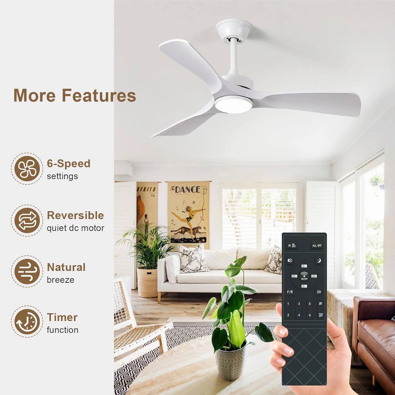 White Ceiling Fan with Light: 42-Inch Ceiling Fan 3 Blades Low Profile Outdoor - Modern Ceiling Fans with Remote APP Control Quiet Reversible DC Motor for Patio Living Room