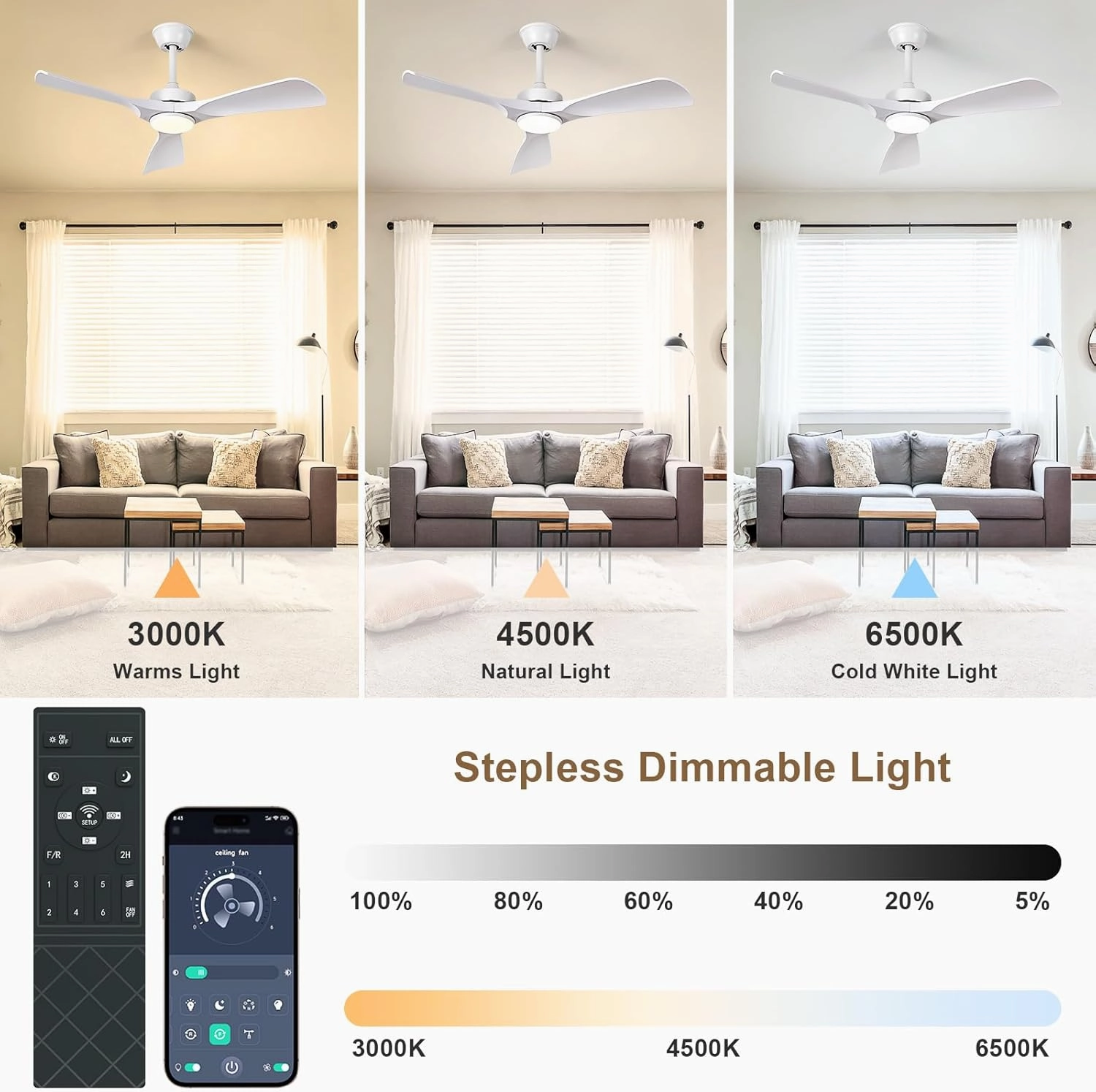 White Ceiling Fan with Light: 42-Inch Ceiling Fan 3 Blades Low Profile Outdoor - Modern Ceiling Fans with Remote APP Control Quiet Reversible DC Motor for Patio Living Room