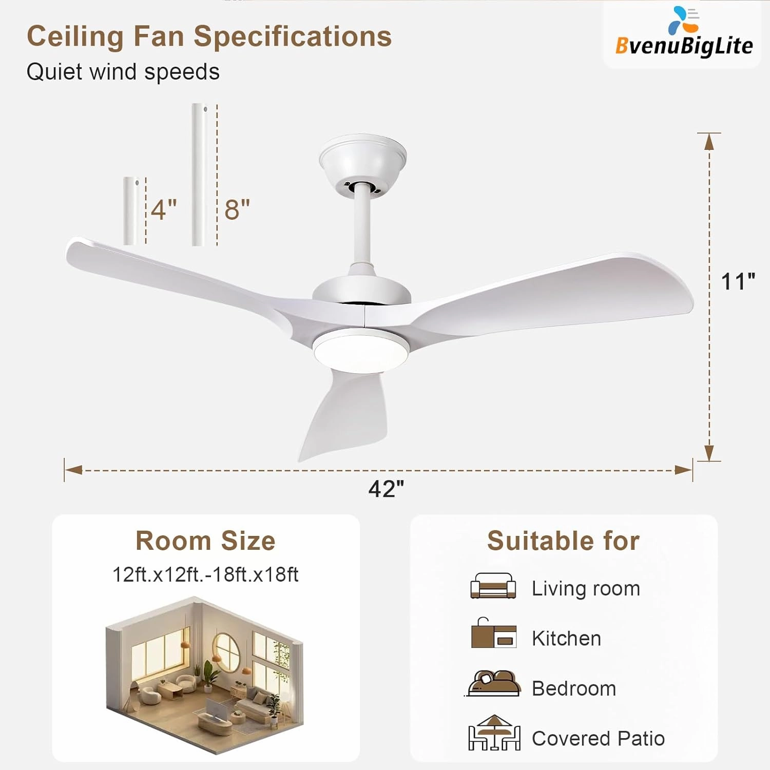 White Ceiling Fan with Light: 42-Inch Ceiling Fan 3 Blades Low Profile Outdoor - Modern Ceiling Fans with Remote APP Control Quiet Reversible DC Motor for Patio Living Room