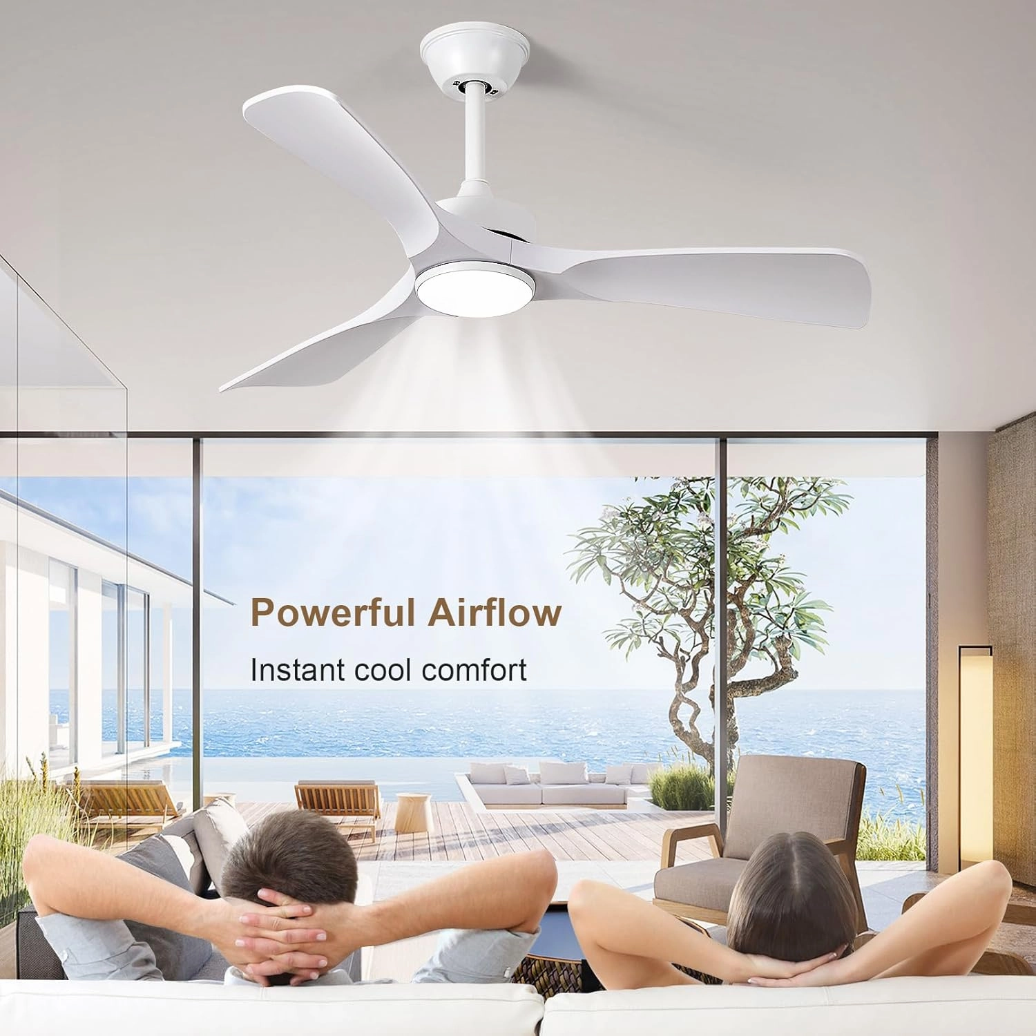 White Ceiling Fan with Light: 42-Inch Ceiling Fan 3 Blades Low Profile Outdoor - Modern Ceiling Fans with Remote APP Control Quiet Reversible DC Motor for Patio Living Room