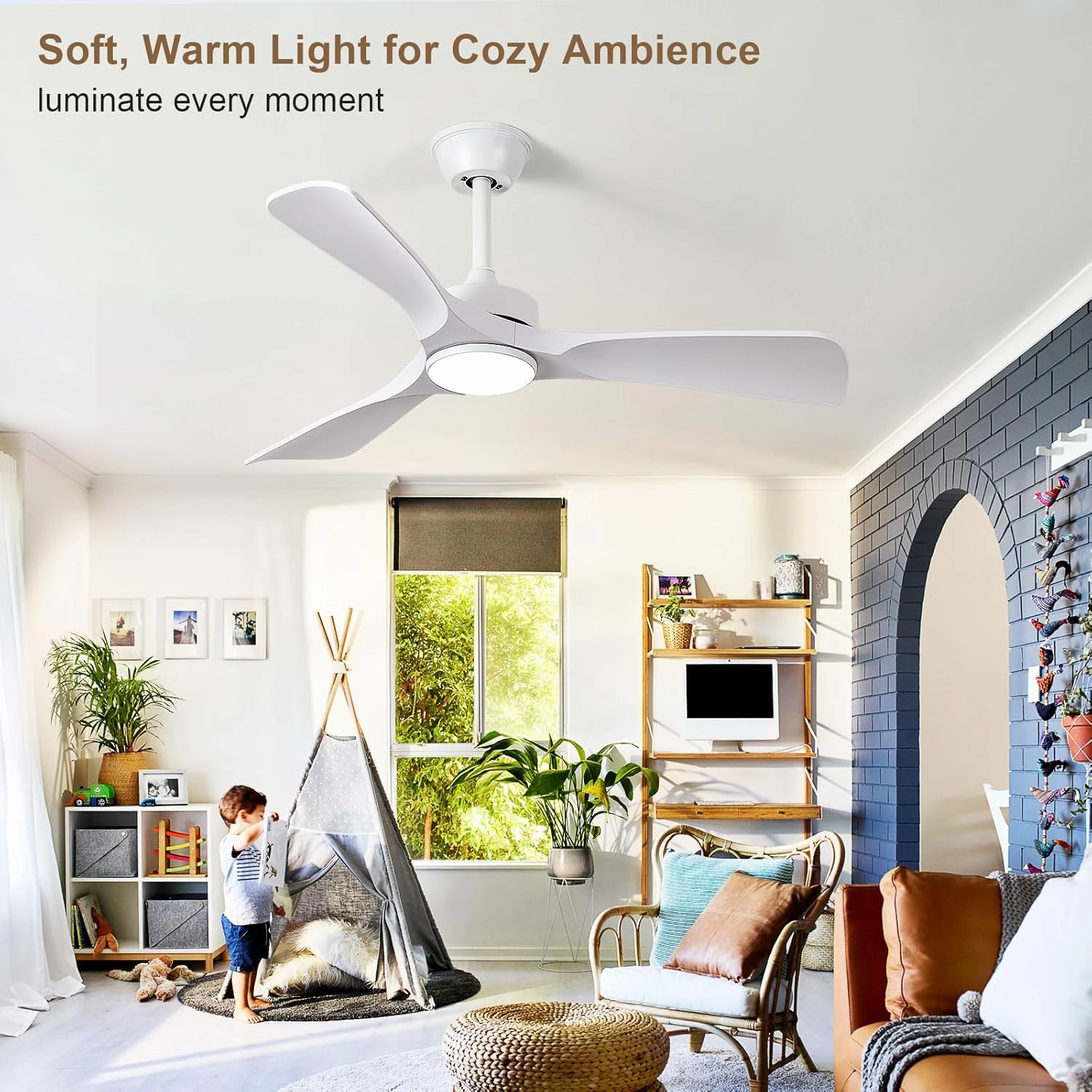 White Ceiling Fan with Light: 42-Inch Ceiling Fan 3 Blades Low Profile Outdoor - Modern Ceiling Fans with Remote APP Control Quiet Reversible DC Motor for Patio Living Room