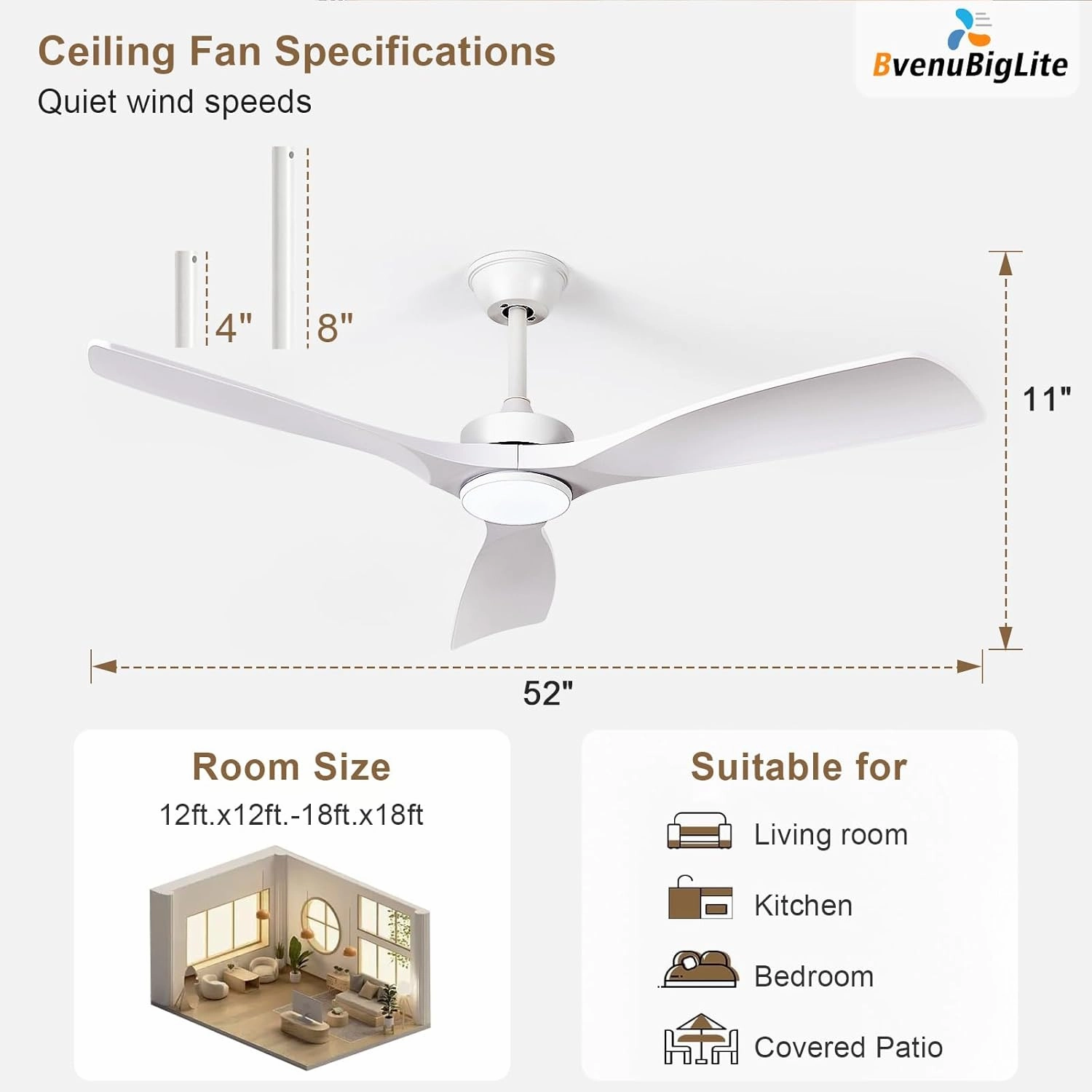 White Ceiling Fan with Light: 52-Inch Ceiling Fan 3 Blades Low Profile Outdoor - Modern Ceiling Fans with Remote APP Control Quiet Reversible DC Motor for Patio Living Room