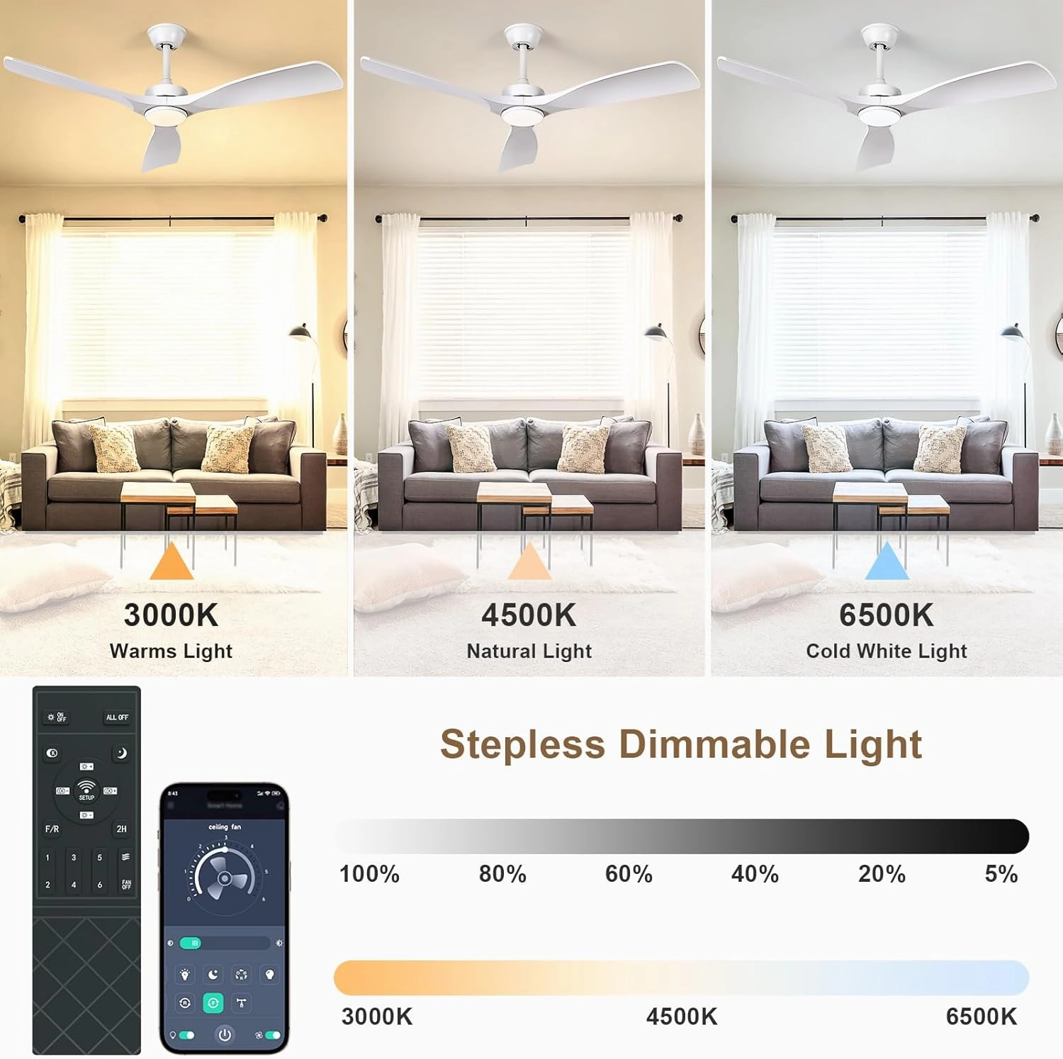 White Ceiling Fan with Light: 52-Inch Ceiling Fan 3 Blades Low Profile Outdoor - Modern Ceiling Fans with Remote APP Control Quiet Reversible DC Motor for Patio Living Room