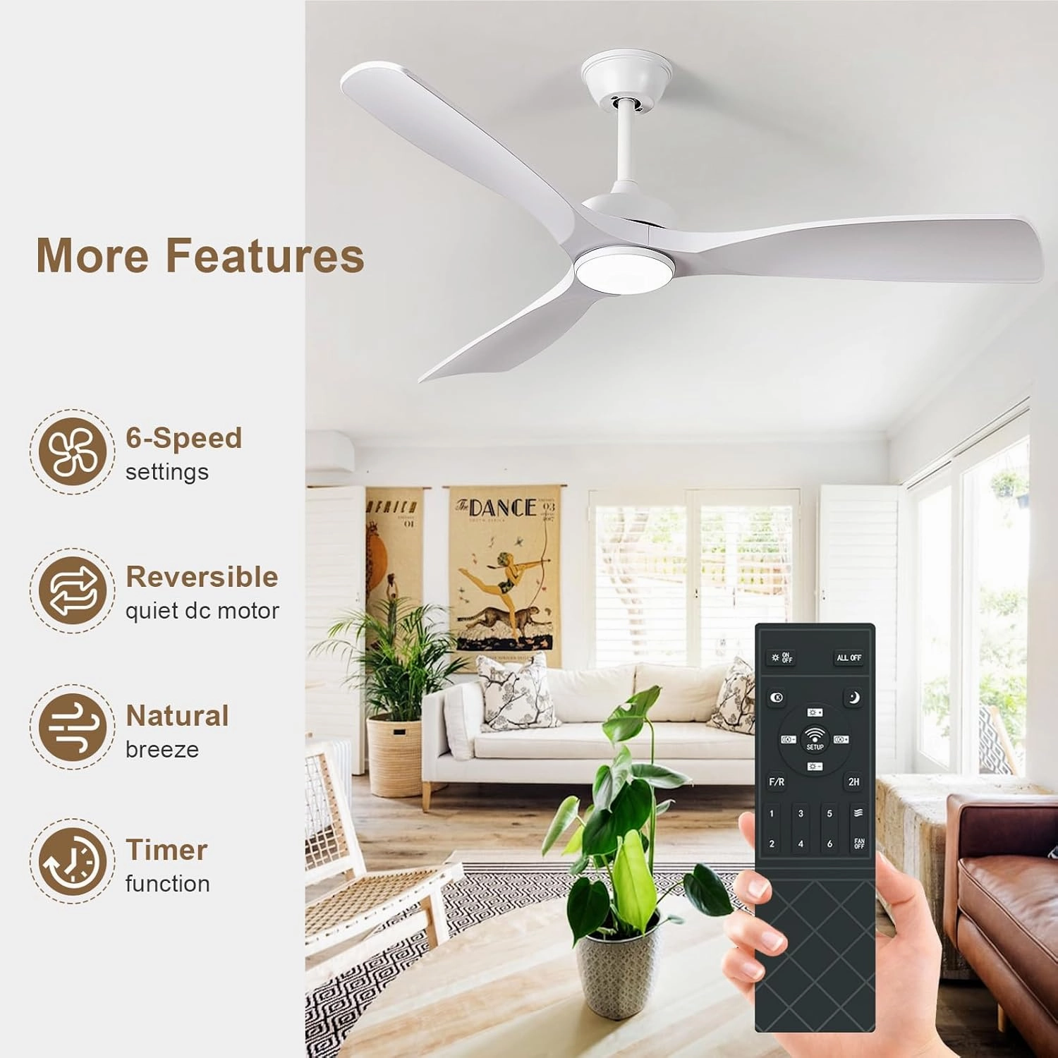 White Ceiling Fan with Light: 52-Inch Ceiling Fan 3 Blades Low Profile Outdoor - Modern Ceiling Fans with Remote APP Control Quiet Reversible DC Motor for Patio Living Room