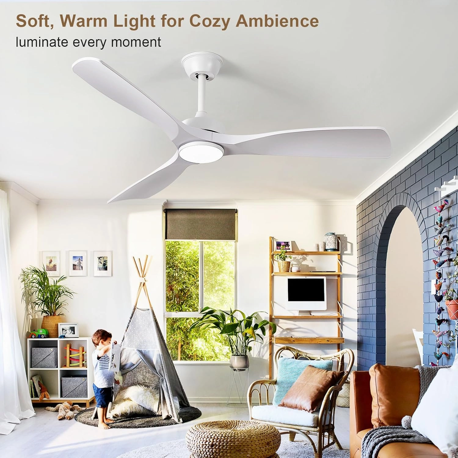 White Ceiling Fan with Light: 52-Inch Ceiling Fan 3 Blades Low Profile Outdoor - Modern Ceiling Fans with Remote APP Control Quiet Reversible DC Motor for Patio Living Room
