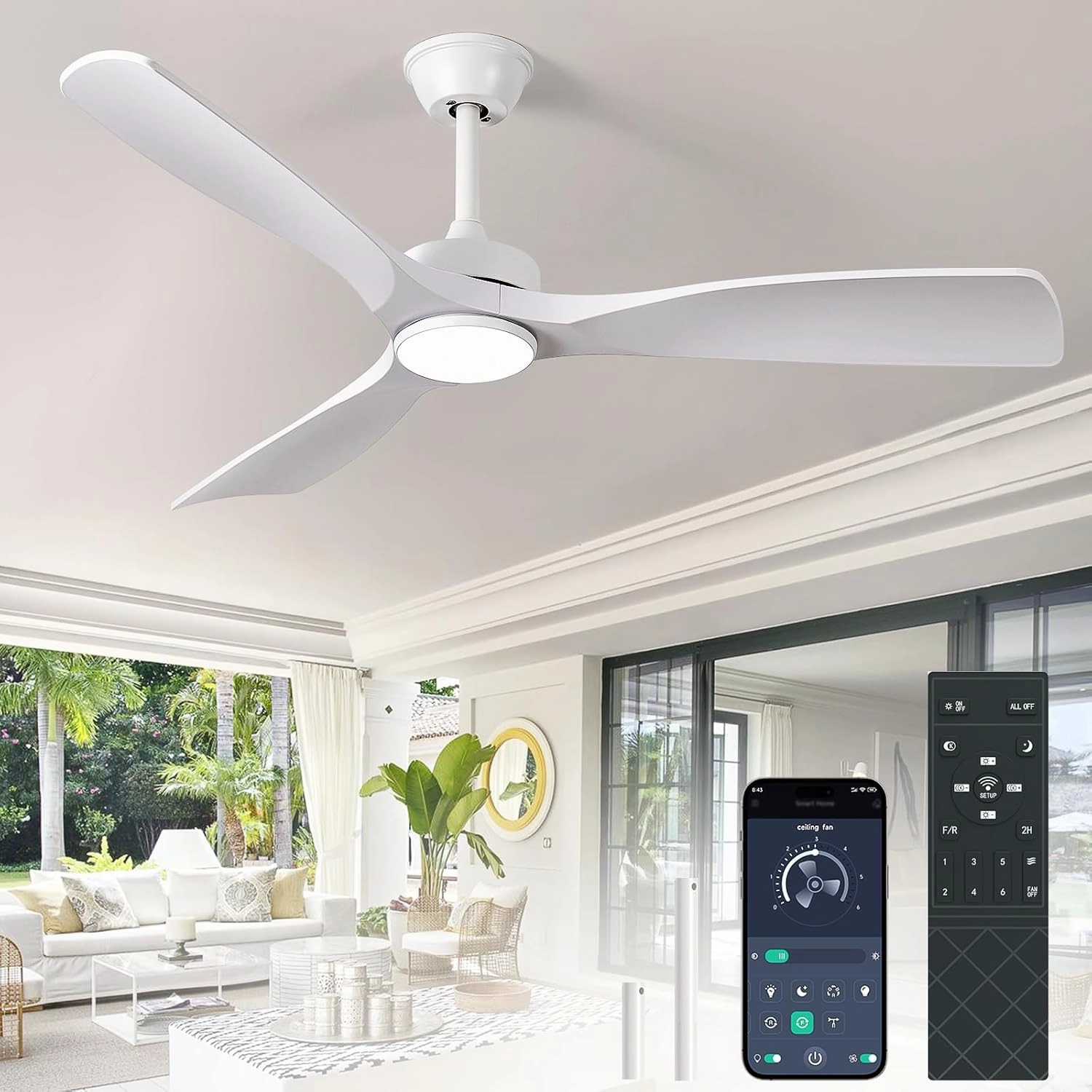 White Ceiling Fan with Light: 52-Inch Ceiling Fan 3 Blades Low Profile Outdoor - Modern Ceiling Fans with Remote APP Control Quiet Reversible DC Motor for Patio Living Room App-controlled remote fan for convenience