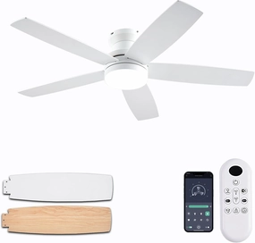 White Ceiling Fans with Lights, 48Inch Low Profile Ceiling Fan with Light and Remote/App Control, Flush Mount, Reversible, 3CCT, Dimmable, Noiseless, Modern Ceiling Fan for Indoor/Outdoor Patios App-controlled remote fan for convenience