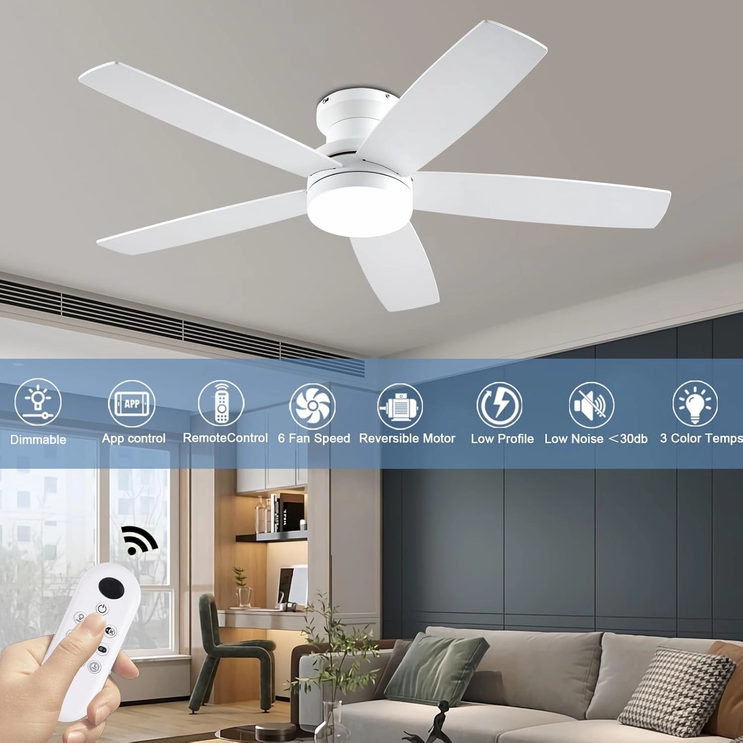 White Ceiling Fans with Lights, 48Inch Low Profile Ceiling Fan with Light and Remote/App Control, Flush Mount, Reversible, 3CCT, Dimmable, Noiseless, Modern Ceiling Fan for Indoor/Outdoor Patios