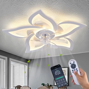 White Flower Modern CeilingFans with Lights, Low Profile Ceiling Fan with Remote for Bedroom, Flush Mount Ceiling Fan with LED Dimmable Light,3-Colors, 6-Speeds, Timing CeilingFan Light App-controlled remote fan for convenience