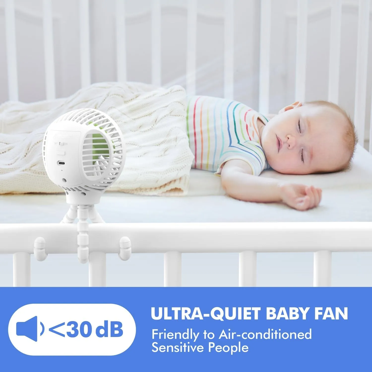 WiHoo Portable Stroller Fan, 11H Ultra-long Battery Life 3 Speed 360Rotate, USB Rechargeable or Battery Operated Cooling Clip On for Baby Crib Travel Car Seat White