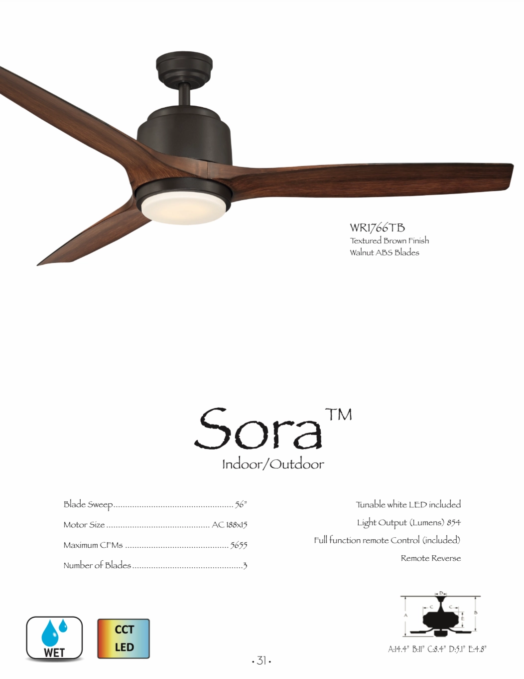 Wind River Sora 56" Outdoor Ceiling Fan with CCT 17W LED and Remote