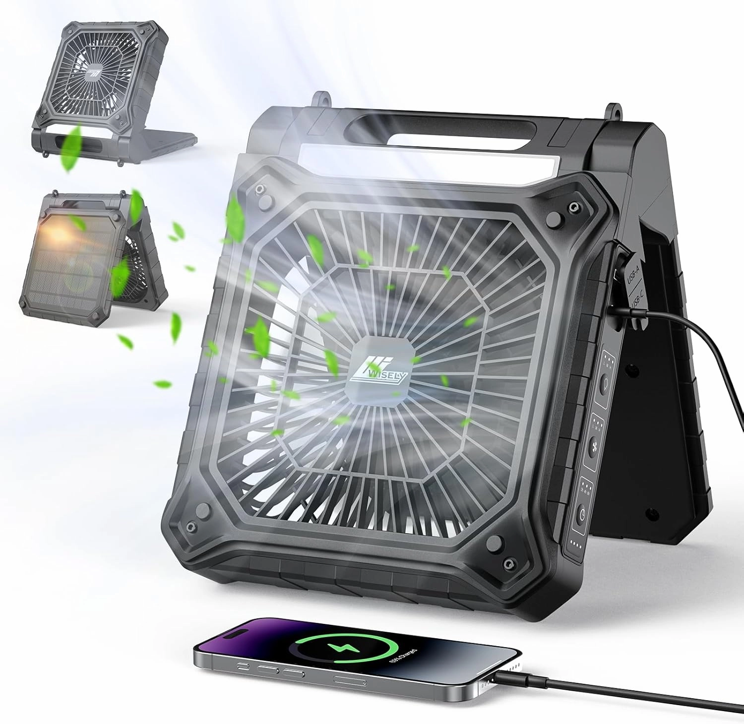 Wisely Solar Powered Fan, Portable Cordless Solar Powered Fan with LED Lantern, USB C & A Rechargeable Battery Operated for Travel Bedroom Home Camping Tent Office Beach Desk Fishing Table Solar-powered car fan for ventilation