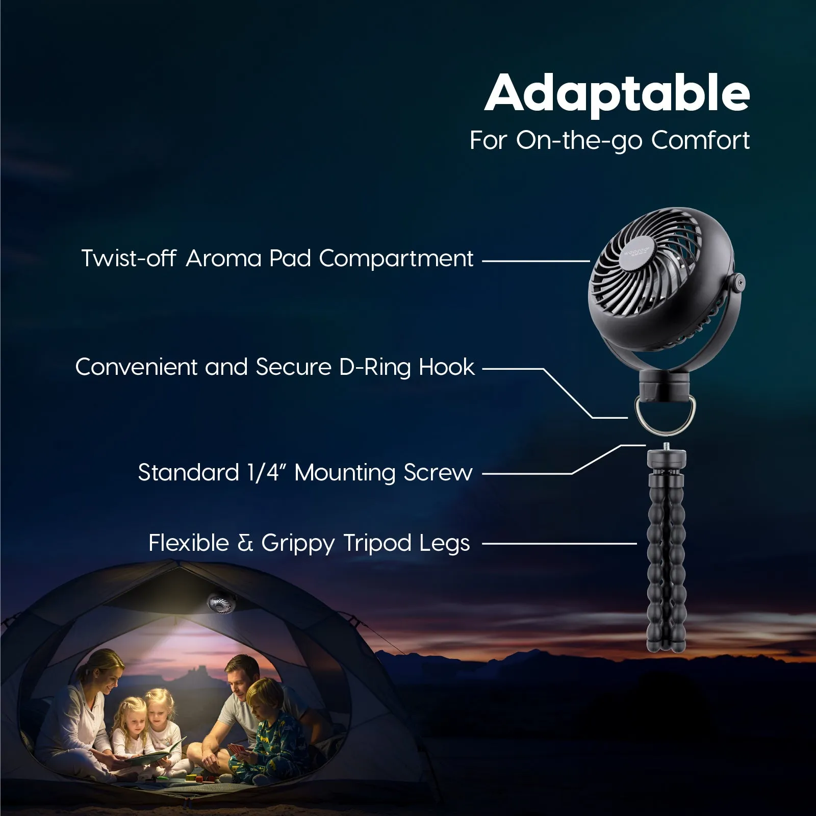 WOOZOO 3.5" Cordless Portable Personal Fan with Flexible Tripod Stand, 10-Hour Runtime