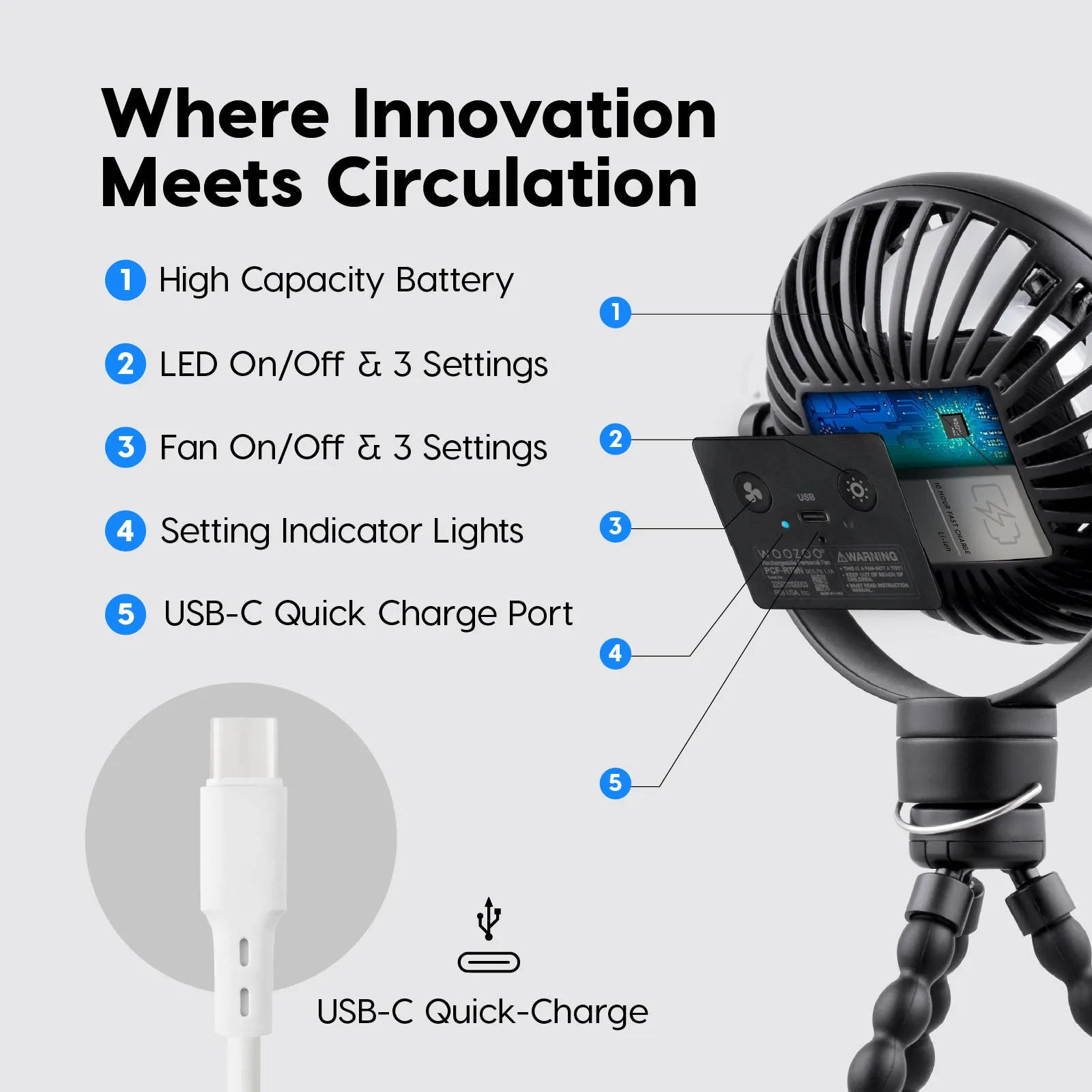 WOOZOO 3.5" Cordless Portable Personal Fan with Flexible Tripod Stand, 10-Hour Runtime
