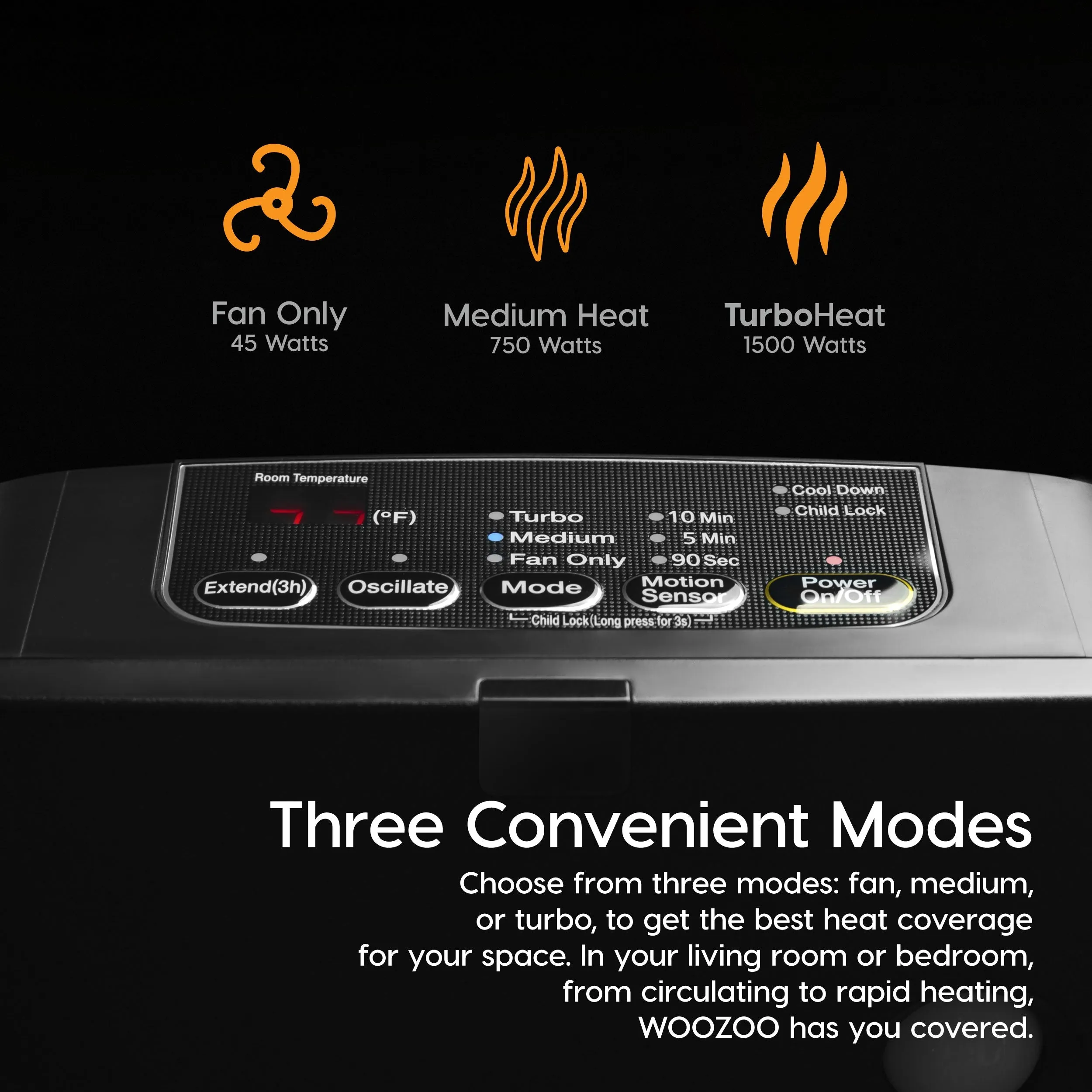 WOOZOO Portable Electric Space Heater - Oscillation, Motion Sensor