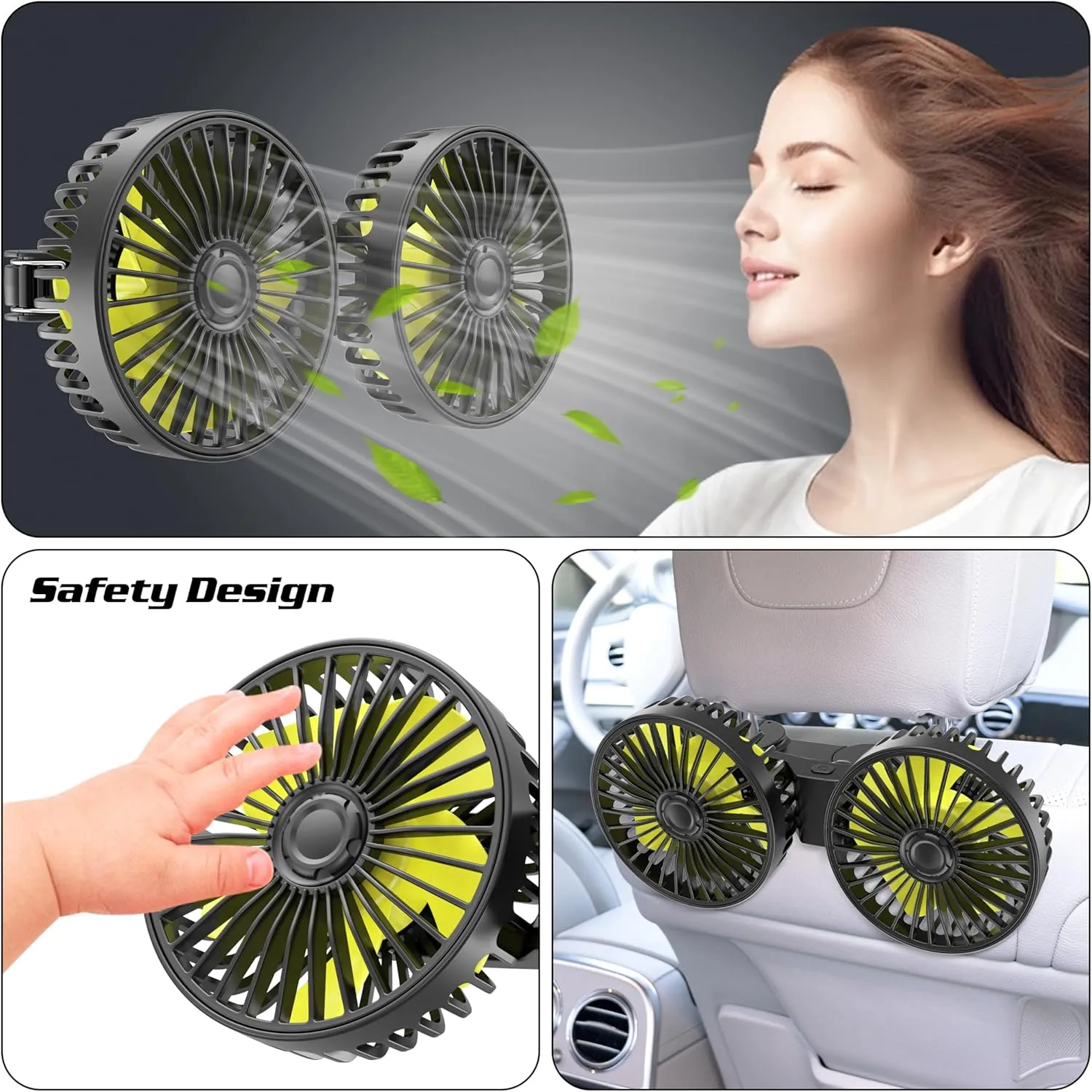 Wowok Car Fan for Rear Seat Passenger Dual Head USB Car Seat Fan for Backseat Kids, 360 Rotatable 3 Speeds Air Circulation Fans for Baby, USB Fans with Adjustable Clip for Vehicles SUV RV Vehicles