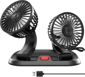 Wowok USB Adjustable Dual Head USB Car Fan, Portable Vehicle Cooling Fan with 2 Speeds, 360 Rotation Car Essentials for SUV, RV, Truck, Sedan, Cruise, Home Office Desk Fan Rear-mounted fan for childrens safety
