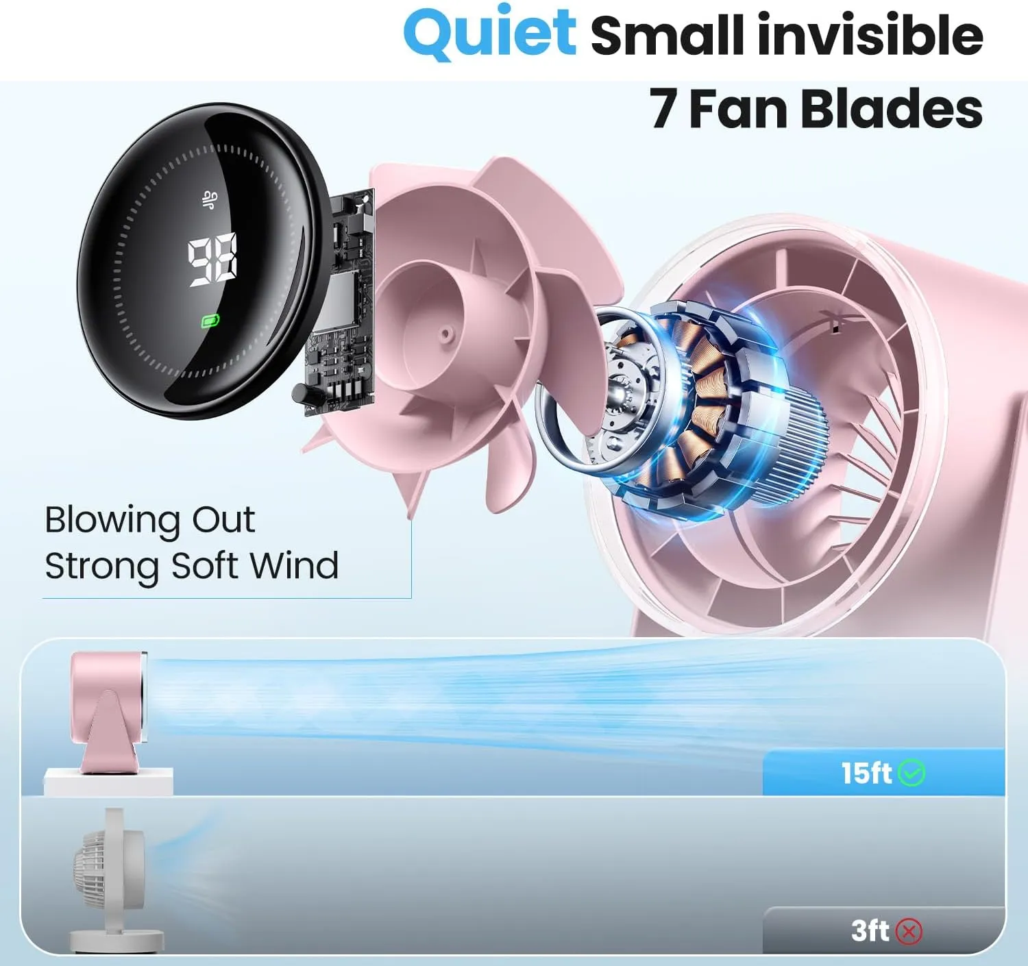 WSKEN Desk Fan with Battery Operated, Quiet Digital Display Portable Fan for Office, Bedroom, Kitchen, Home, Outdoor, 100 Speeds 115 Tilt Small Travel Camping Table Fan, Pink