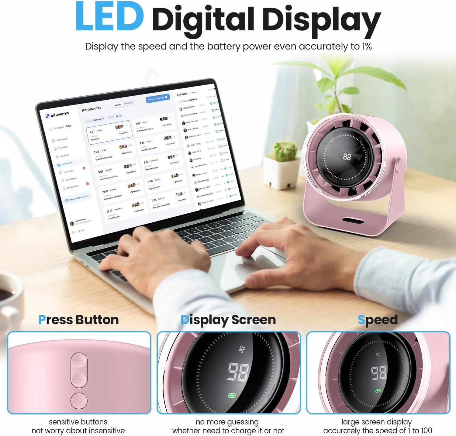 WSKEN Desk Fan with Battery Operated, Quiet Digital Display Portable Fan for Office, Bedroom, Kitchen, Home, Outdoor, 100 Speeds 115 Tilt Small Travel Camping Table Fan, Pink