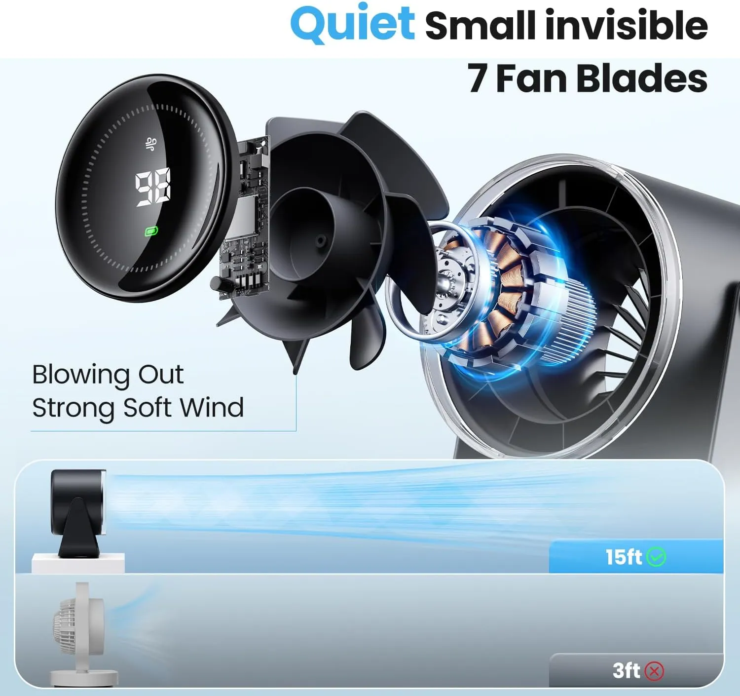 WSKEN Desk Fan with Battery Operated, Quiet Digital Display Portable Fan for Office, Bedroom, Kitchen, Home, Outdoor, 100 Speeds 115 Tilt Small Travel Camping Table Fan,Bluish Black